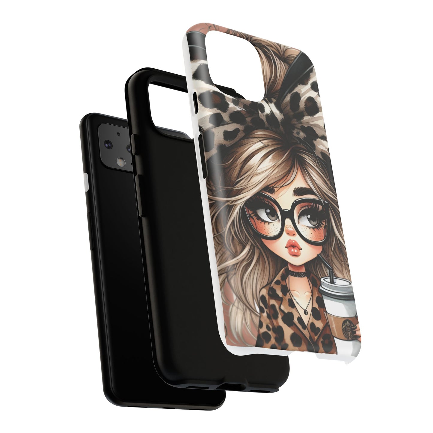 Stylish Leopard Print Phone Case with Adorable Girl with Glasses and Coffee Design