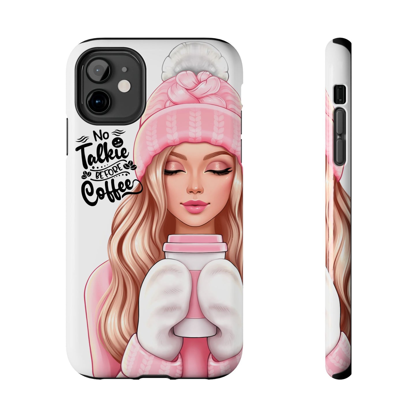 Stylish Tough Phone Case - 'No Talkie Before Coffee' Design