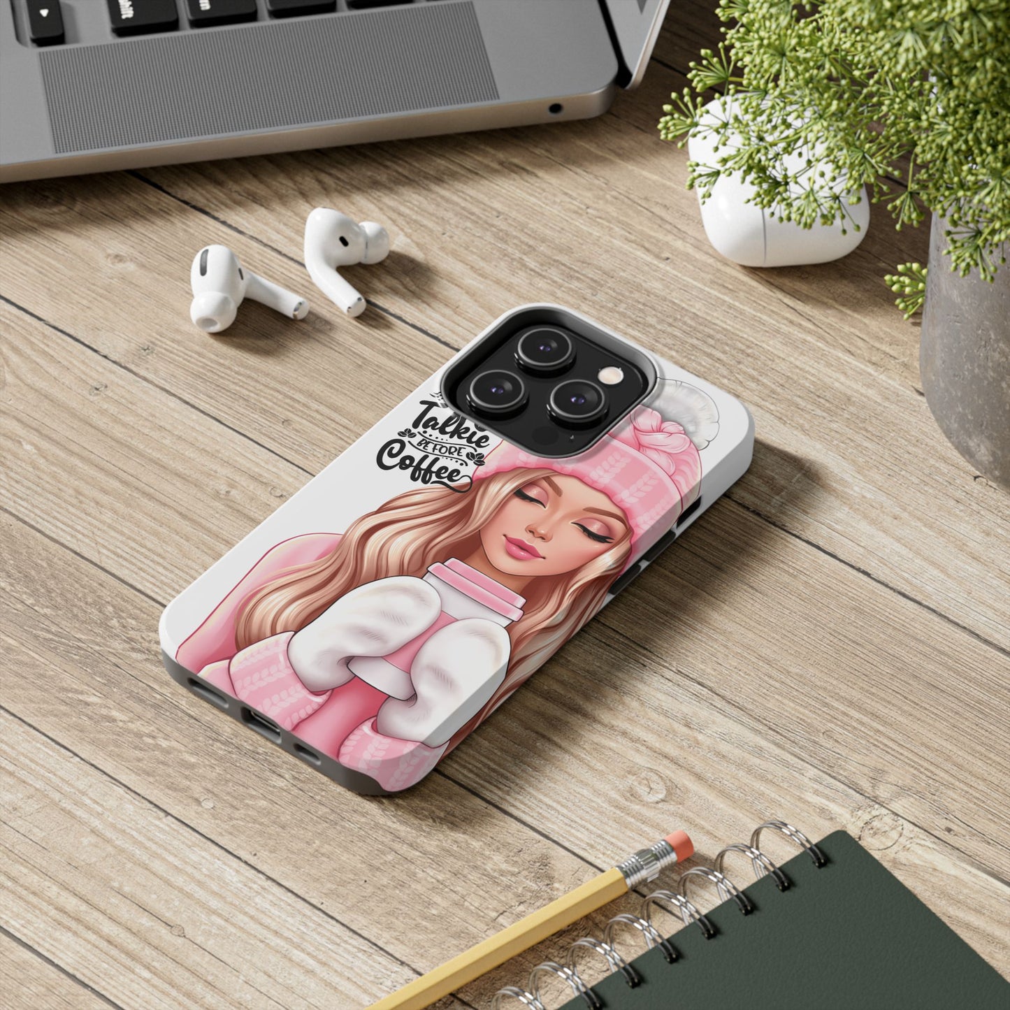 Stylish Tough Phone Case - 'No Talkie Before Coffee' Design