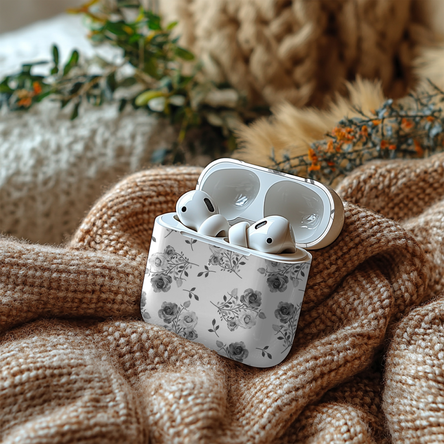 Black & White Floral AirPod Case – Classic, Chic & Timeless