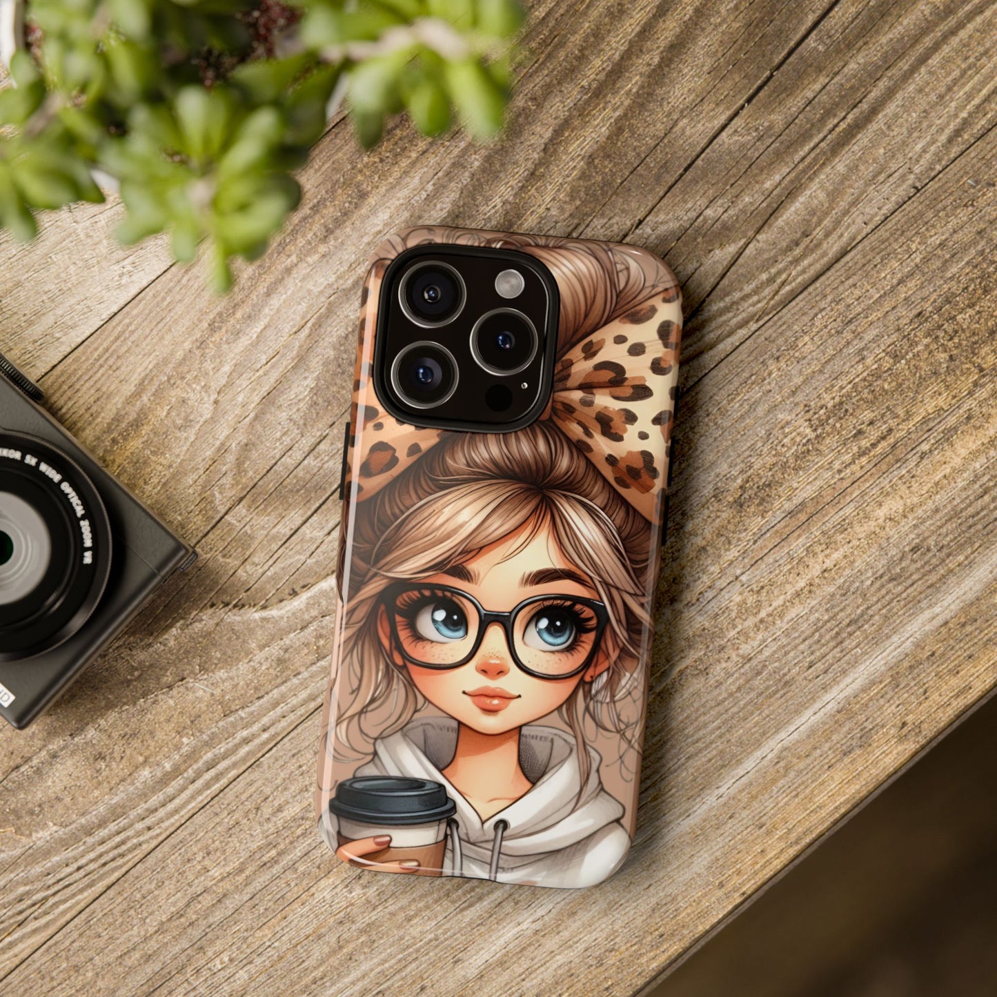 Stylish Phone Case with Cute Big Leopard Bow Girl with Coffee Design