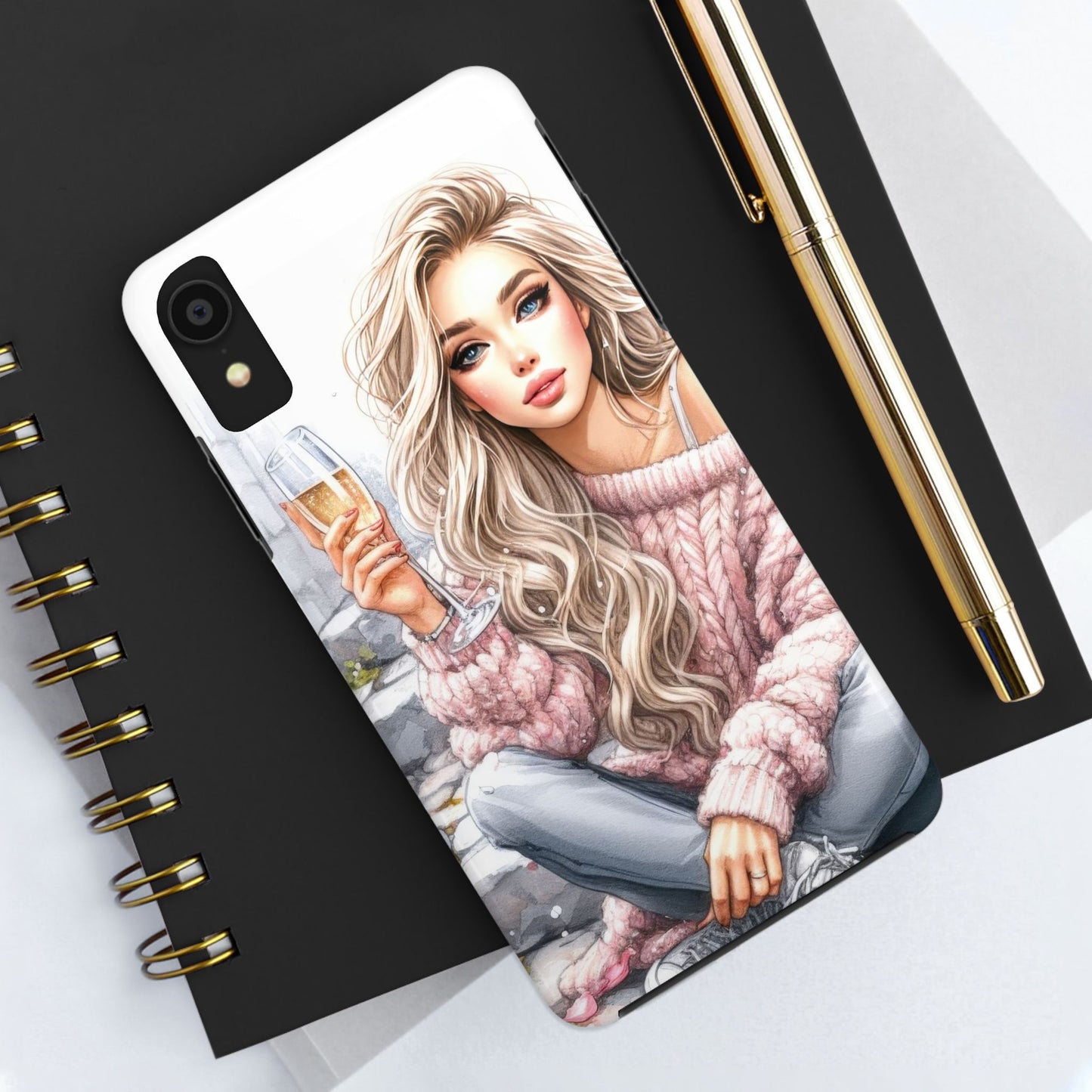 Chic Glamour Tough Phone Case with Elegant Girl & Champagne Glass