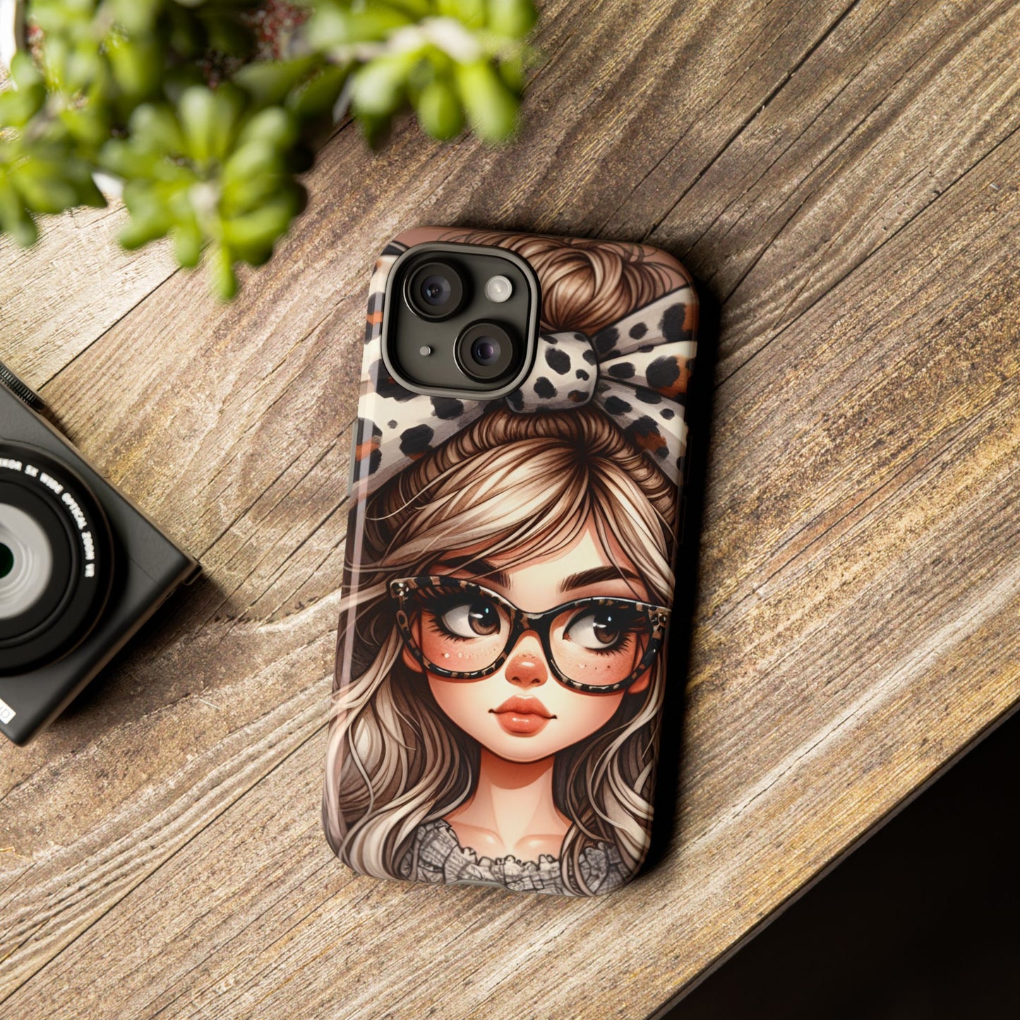 Stylish Tough Case with Chic Cute Girl with Glasses and Big Leopard Bow Design