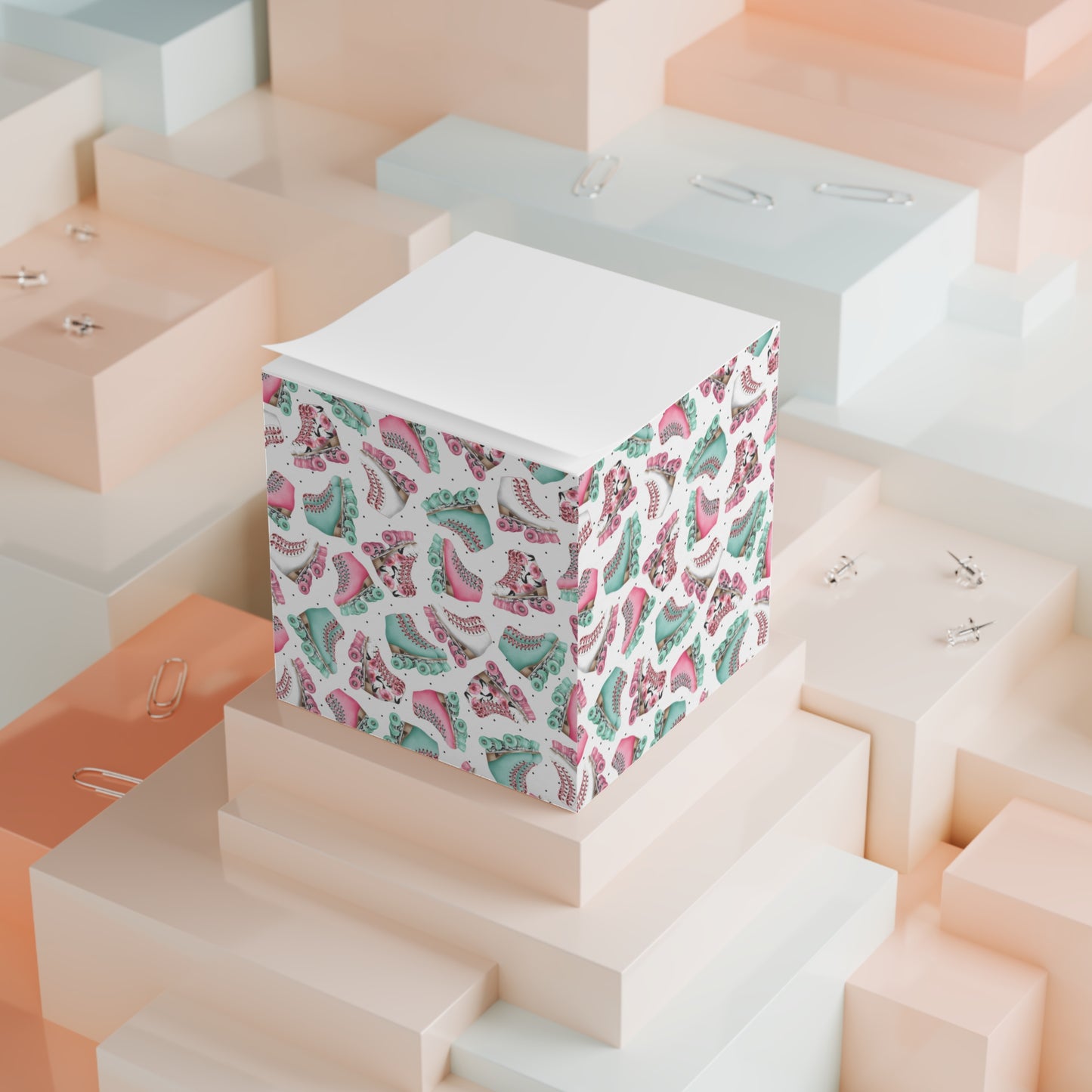 Roller Skate Note Cube — Floral Pink & Teal Sticky Memo Block