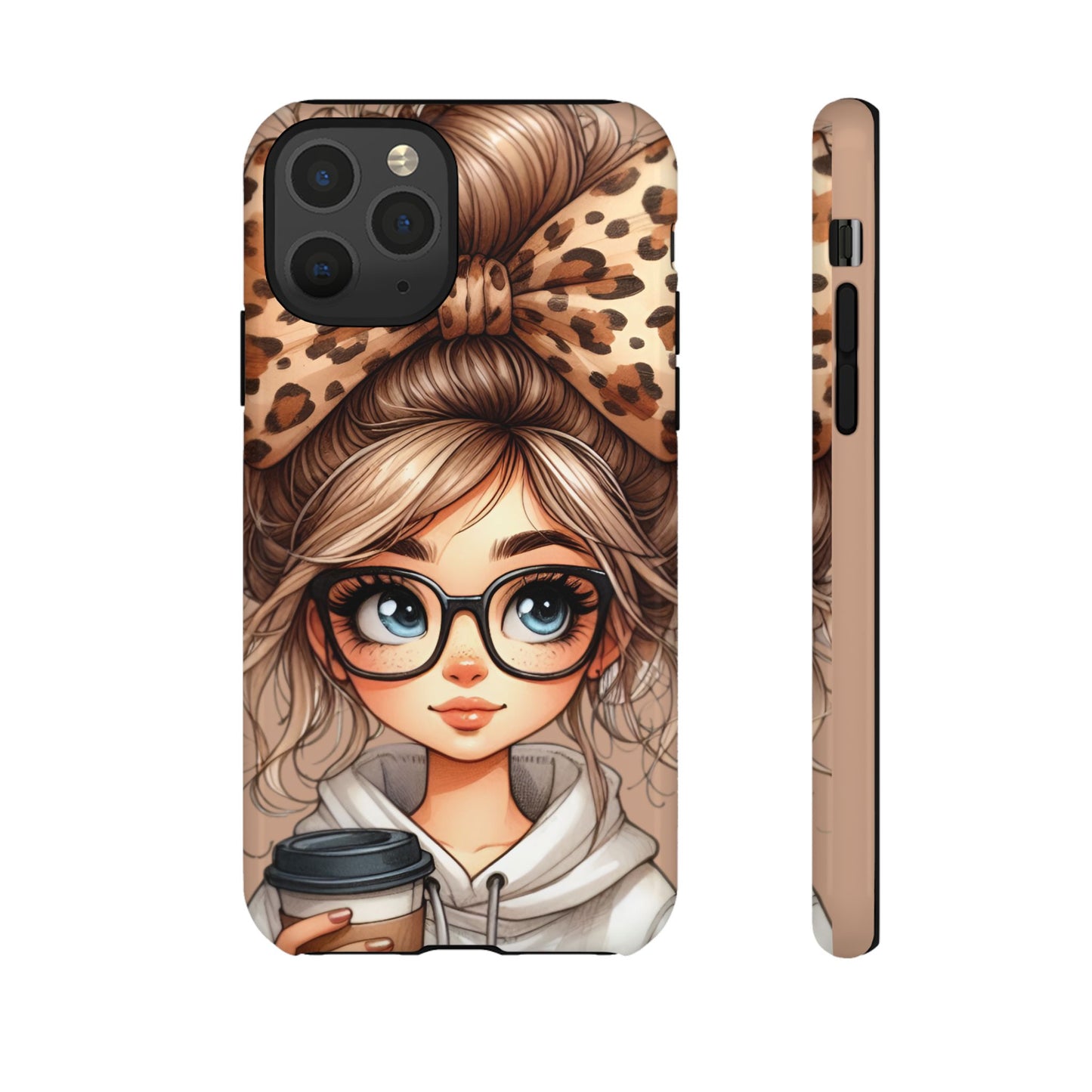 Stylish Phone Case with Cute Big Leopard Bow Girl with Coffee Design