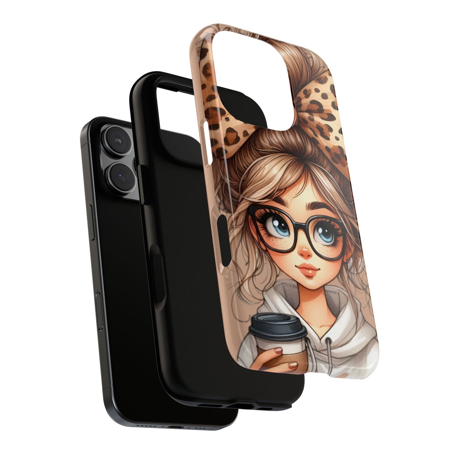 Stylish Phone Case with Cute Big Leopard Bow Girl with Coffee Design