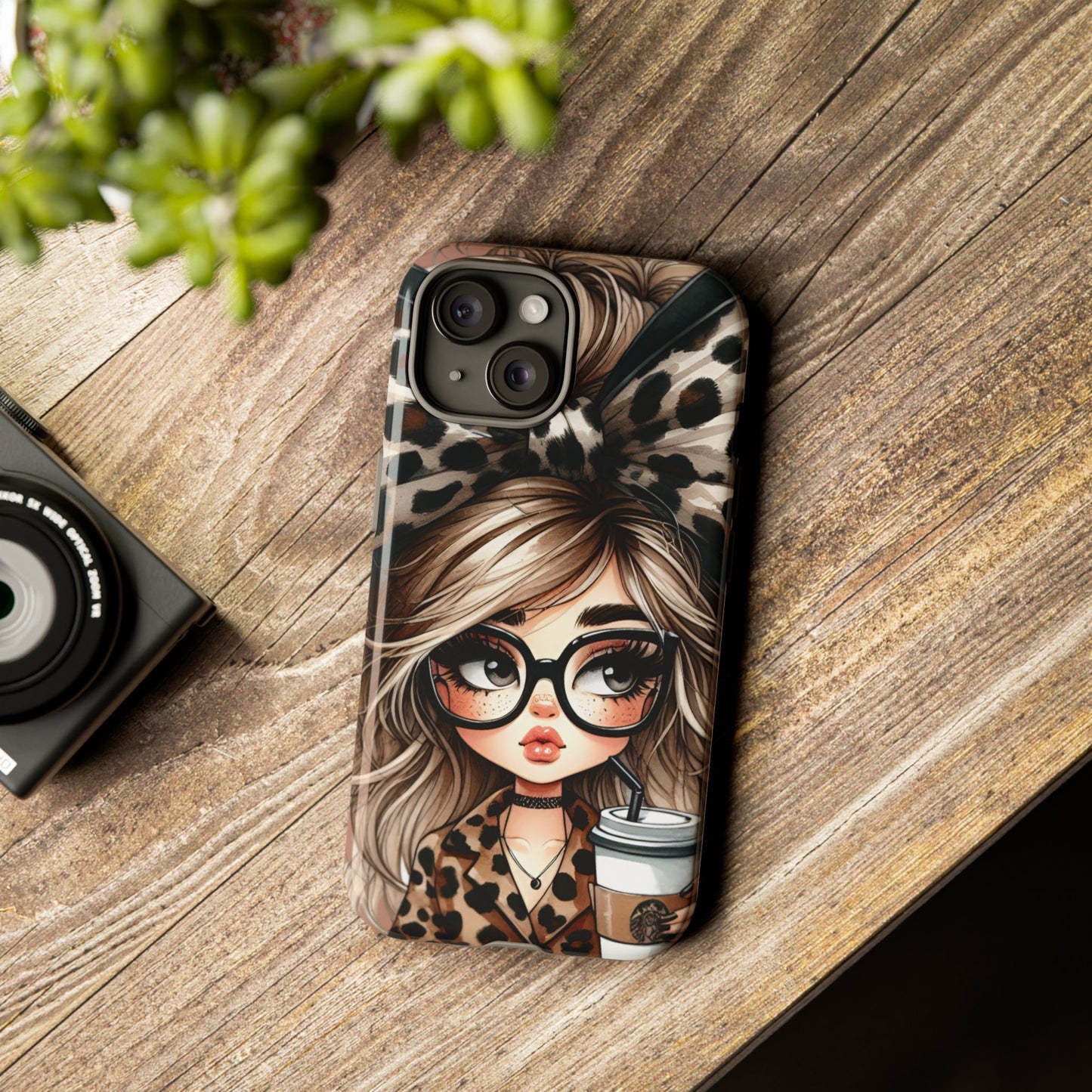 Stylish Leopard Print Phone Case with Adorable Girl with Glasses and Coffee Design