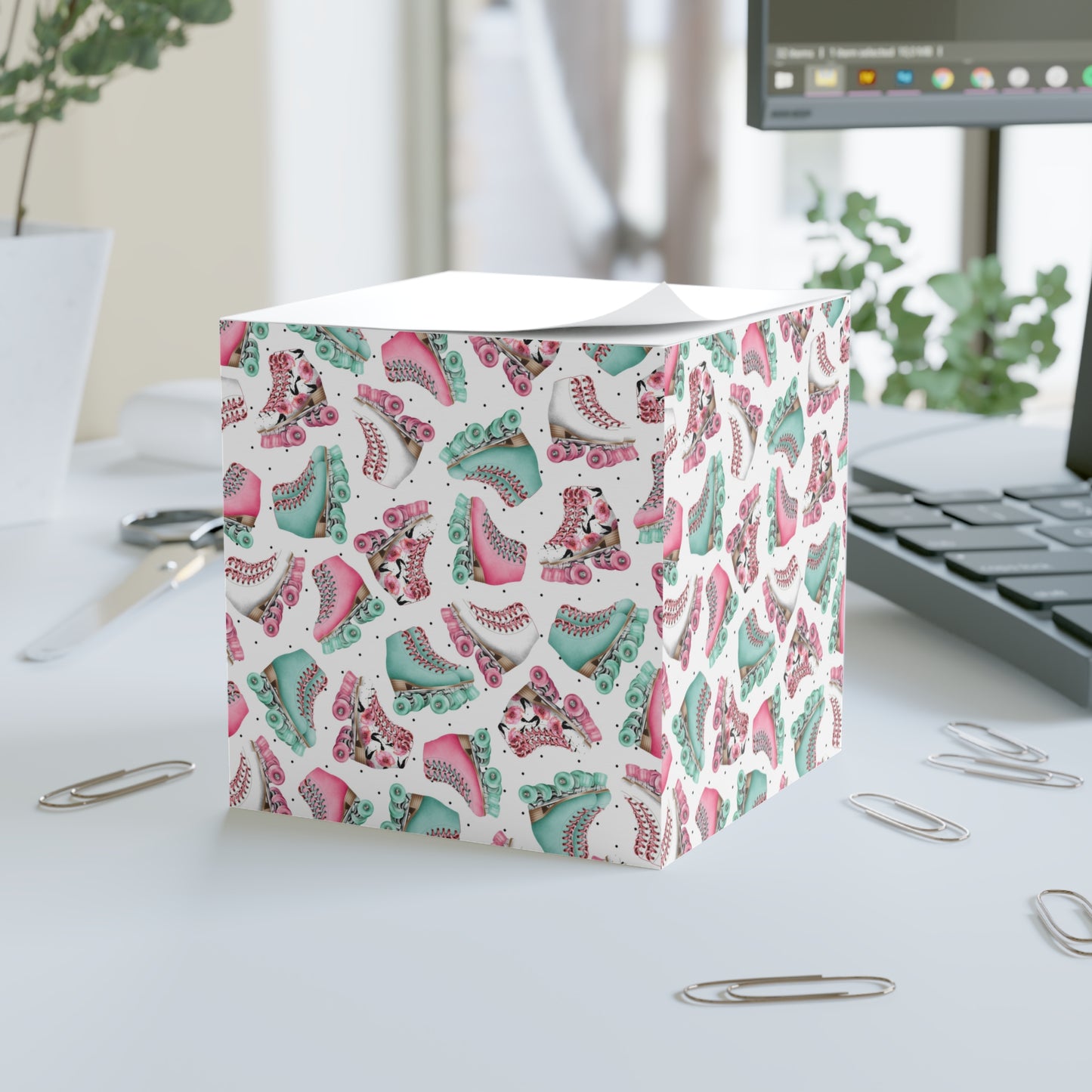 Roller Skate Note Cube — Floral Pink & Teal Sticky Memo Block