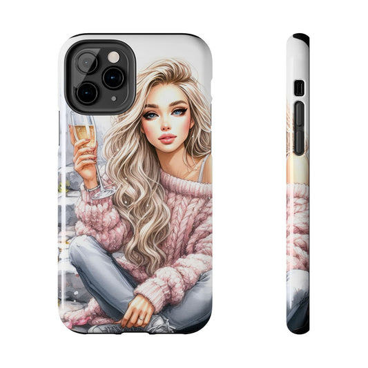 Chic Glamour Tough Phone Case with Elegant Girl & Champagne Glass