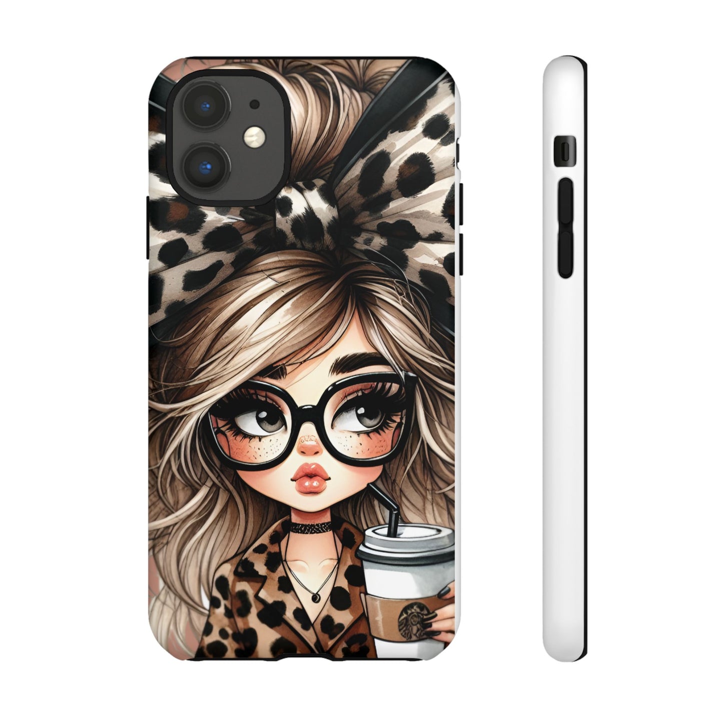 Stylish Leopard Print Phone Case with Adorable Girl with Glasses and Coffee Design
