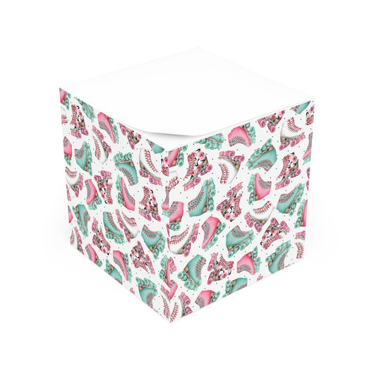 Roller Skate Note Cube — Floral Pink & Teal Sticky Memo Block