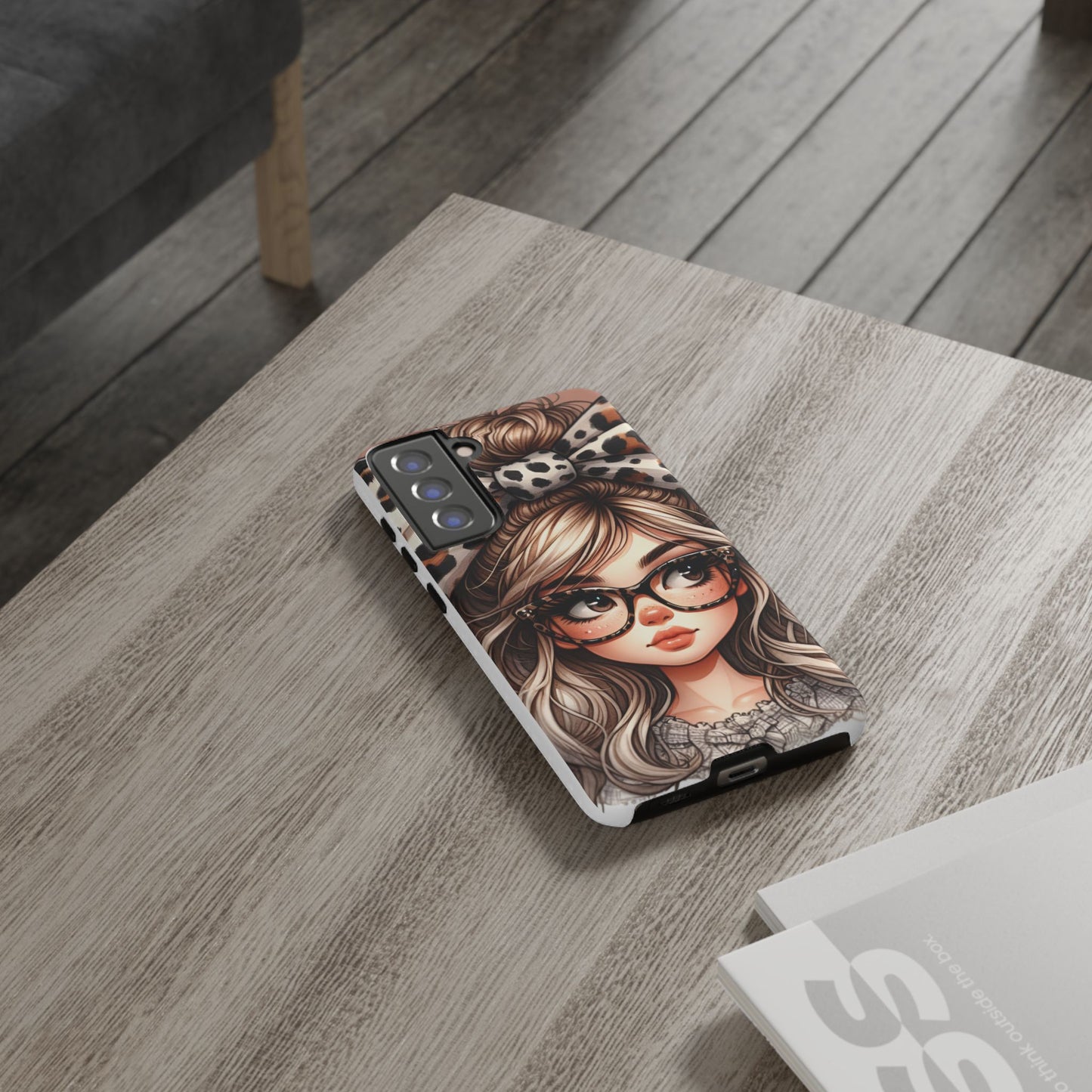 Stylish Tough Case with Chic Cute Girl with Glasses and Big Leopard Bow Design