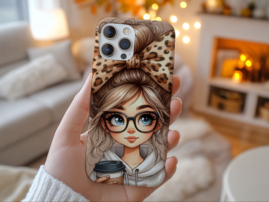 Stylish Phone Case with Cute Big Leopard Bow Girl with Coffee Design