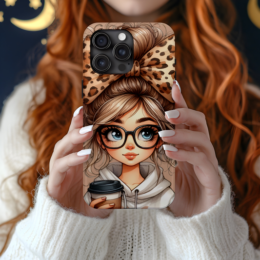 Stylish Phone Case with Cute Big Leopard Bow Girl with Coffee Design