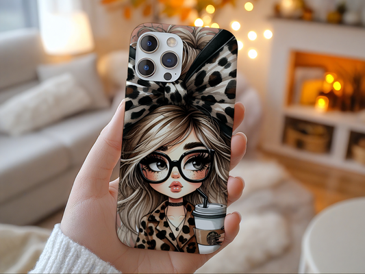 Stylish Leopard Print Phone Case with Adorable Girl with Glasses and Coffee Design