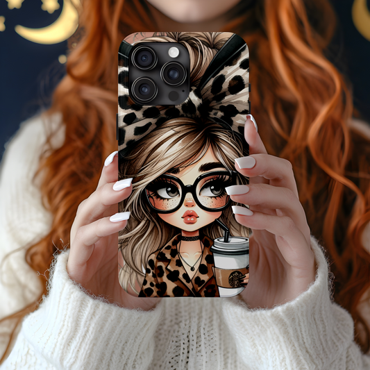 Stylish Leopard Print Phone Case with Adorable Girl with Glasses and Coffee Design