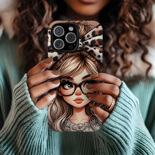 Stylish Tough Case with Chic Cute Girl with Glasses and Big Leopard Bow Design