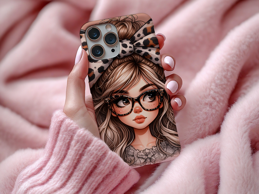 Stylish Tough Case with Chic Cute Girl with Glasses and Big Leopard Bow Design
