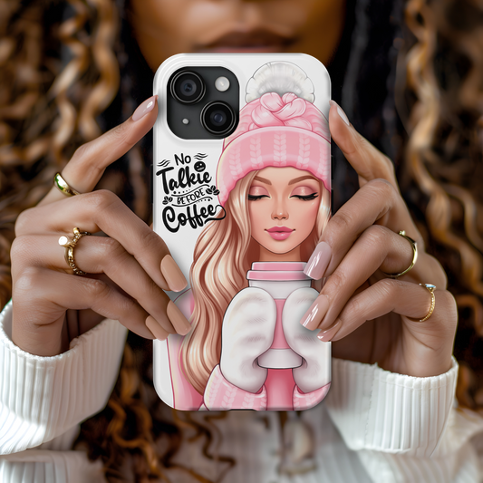Stylish Tough Phone Case - 'No Talkie Before Coffee' Design